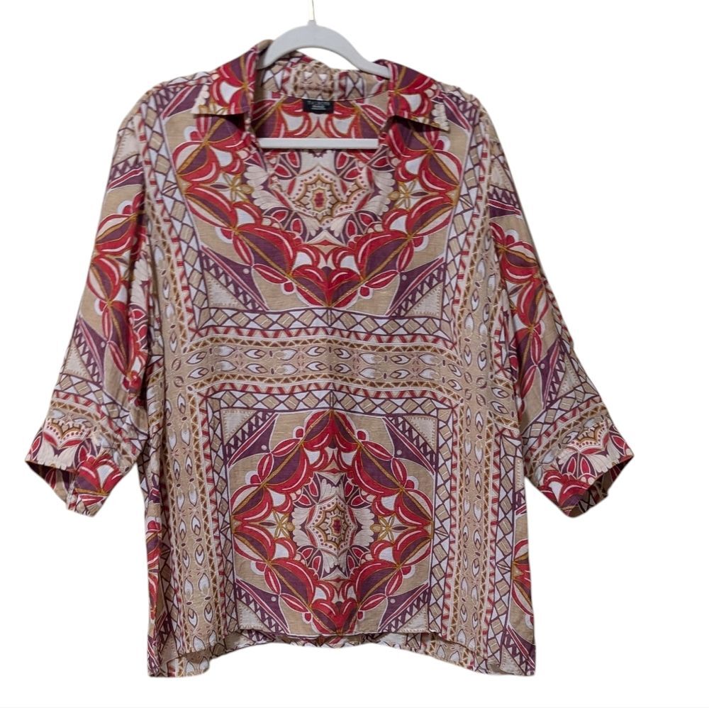 Talbots silk linen blend tunic top size 2X ornate geometric print coverup blouse
